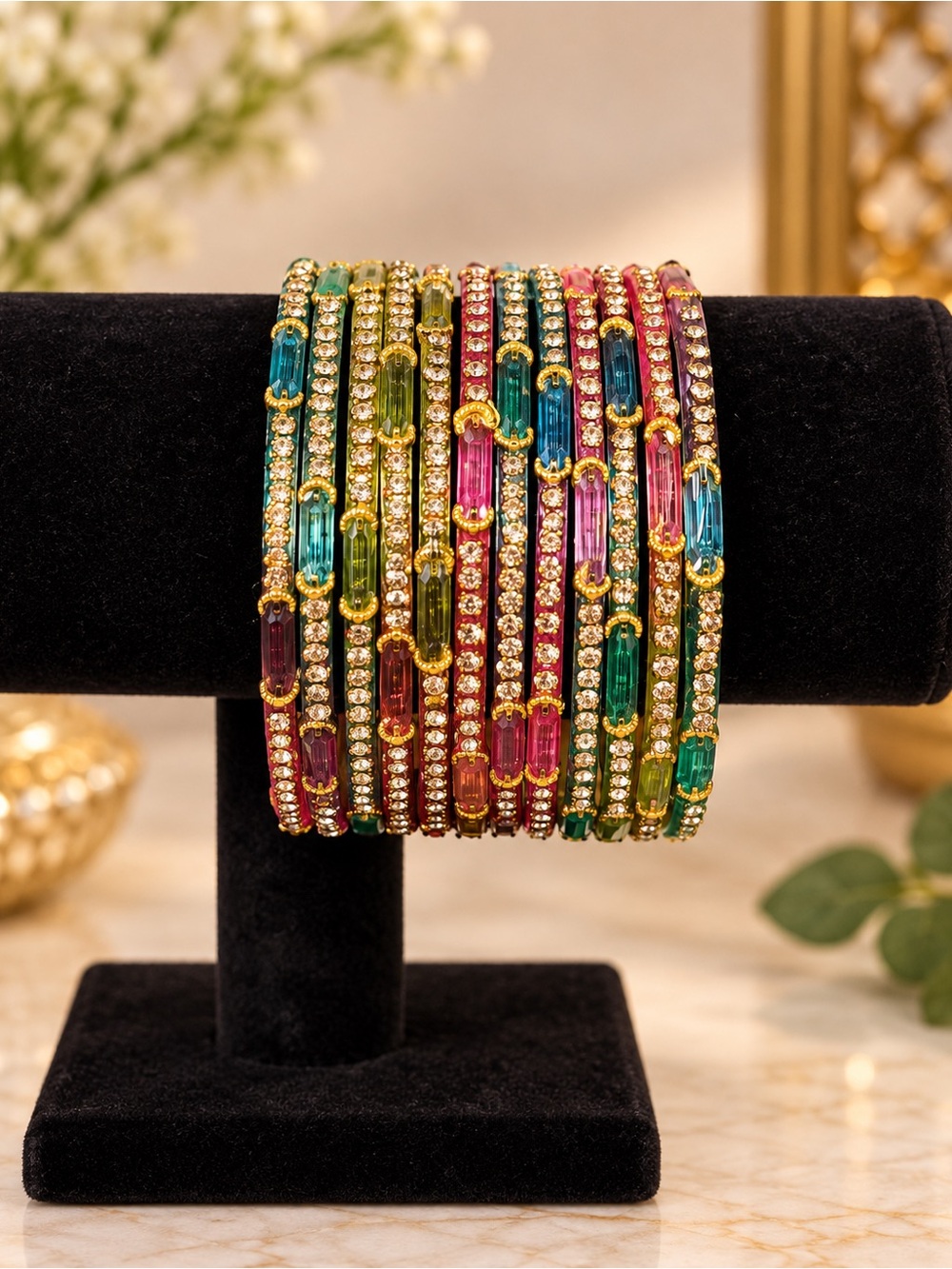 Multicolor Crystal Bangle Set - Gold Tone